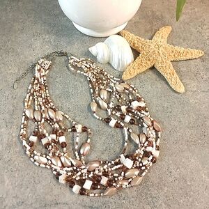 *SOLD* Boho White, Brown & Cream Beaded Necklace